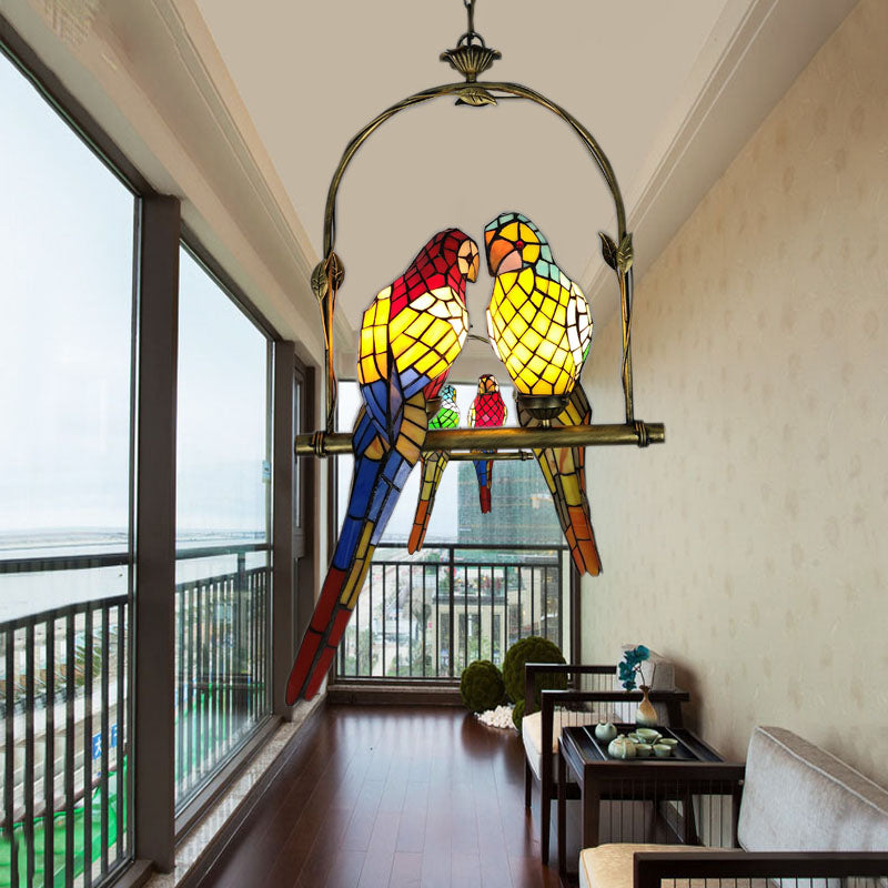 Vintage Parrot Stained Glass Pendant Light For Living Room - Single Chandelier