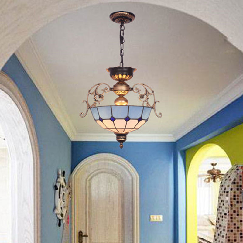 Grid Glass Pendant Chandelier Light With Inverted Dome Design - 3-Bulb Fixture For Entryway