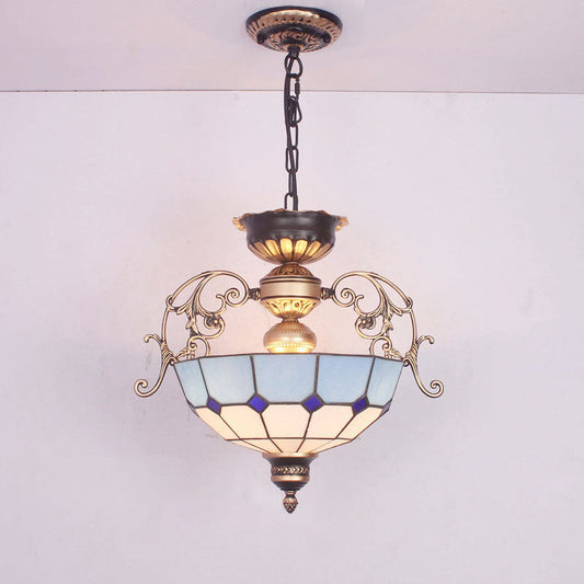 Grid-Glass Inverted Dome Chandelier Pendant Light with 3 Bulbs - Ideal for Entryway