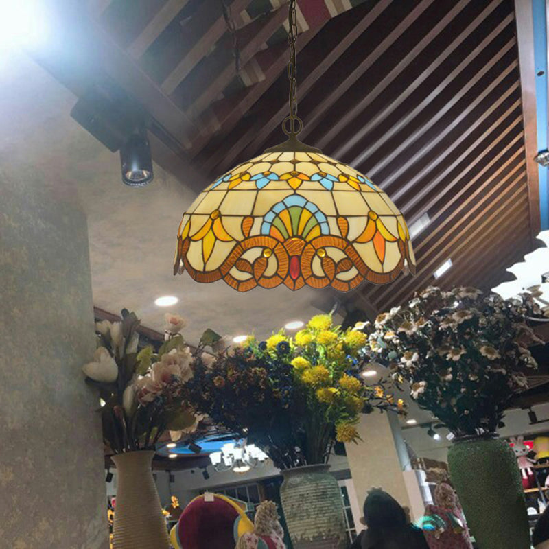 Antique Stained Glass Flower Pendant Light Fixture - Beige Suspension