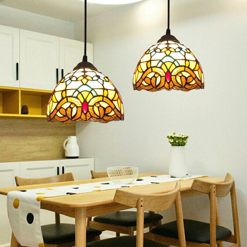 Antique Stained Glass Flower Pendant Light Fixture - Beige Suspension