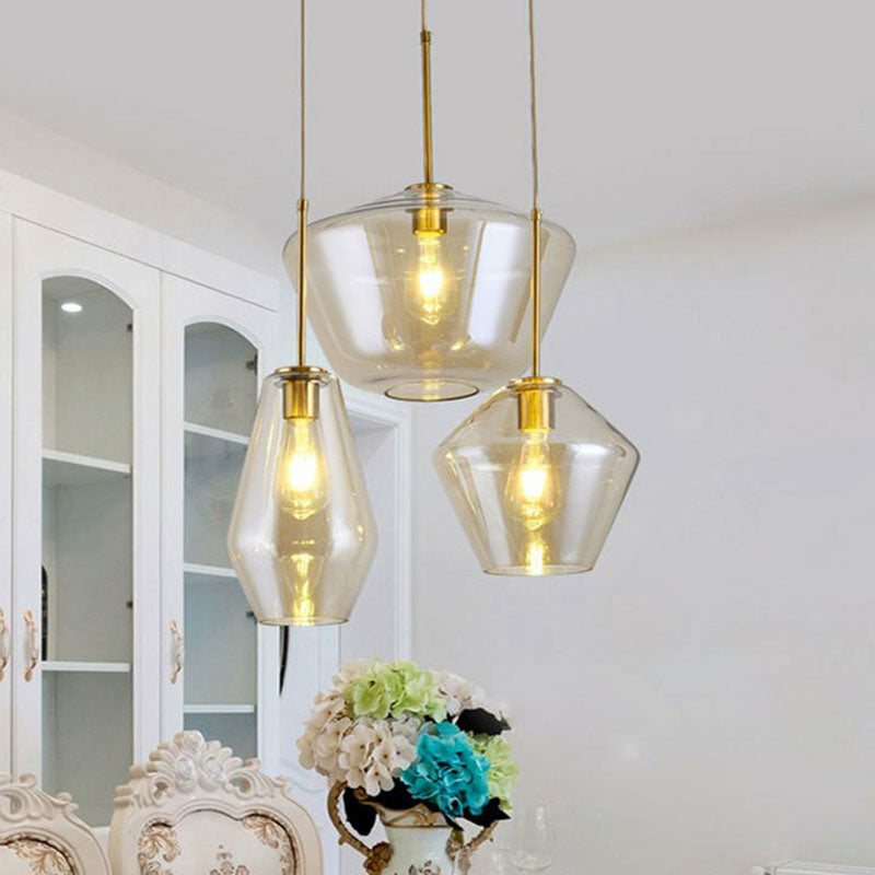 Postmodern 3-Head Gemstone Glass Pendant Light with Brass Finish