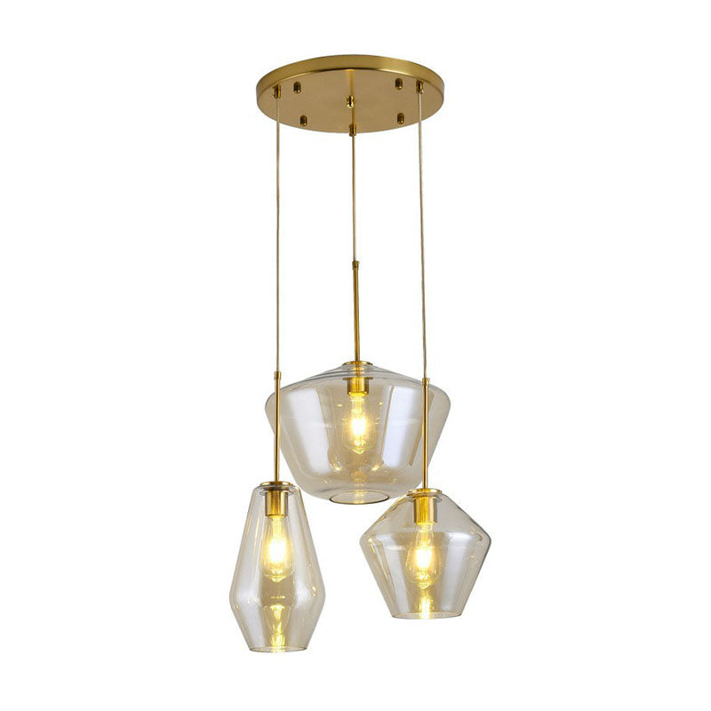 Postmodern 3-Head Gemstone Glass Pendant Light with Brass Finish