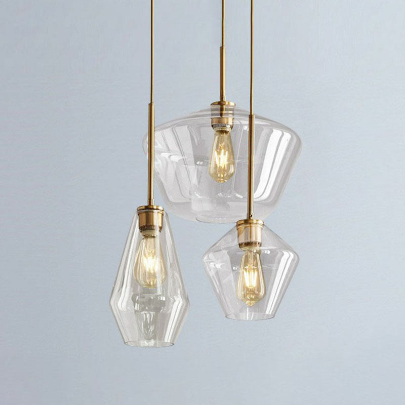 Postmodern 3-Head Gemstone Glass Pendant Light with Brass Finish