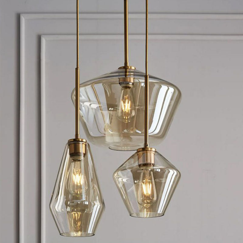 Modern Gold Diamond-Shaped Glass Pendant Ceiling Light with 3 Bulbs