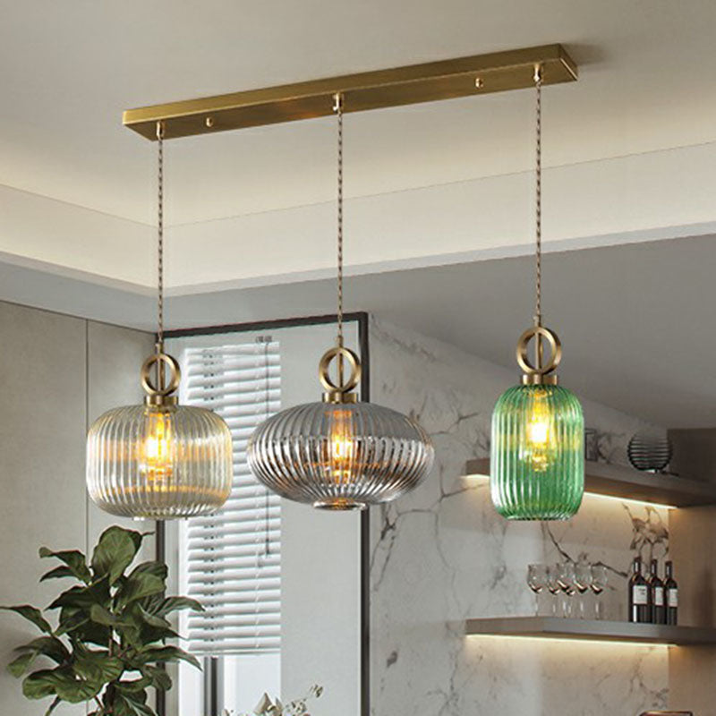 Modern Rib Glass Pendant Light Fixture - Geometric Shape, 3 Bulbs, Brass Finish, Multi-Light Suspension