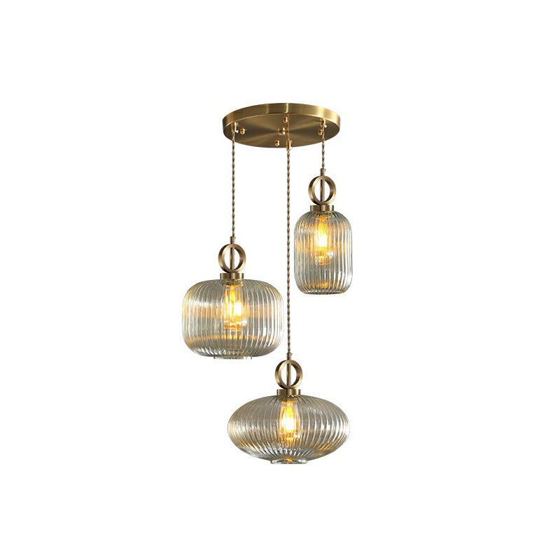 Modern Geometric Multi-Light Pendant With Ribbed Glass Panels - Brass Finish 3-Bulb Suspension