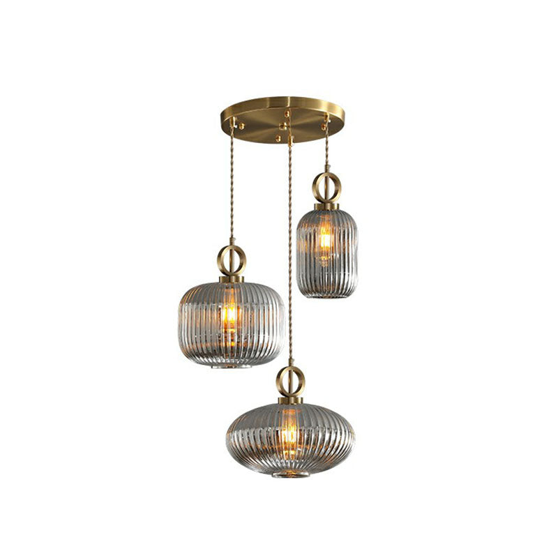 Modern Geometric Multi-Light Pendant With Ribbed Glass Panels - Brass Finish 3-Bulb Suspension