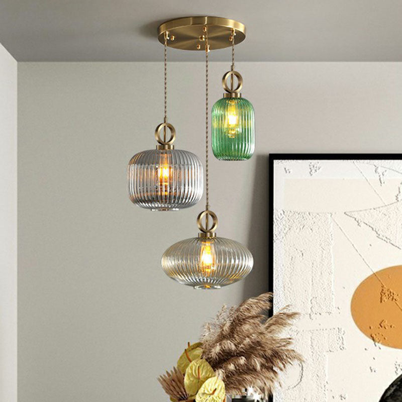 Modern Geometric Multi-Light Pendant With Ribbed Glass Panels - Brass Finish 3-Bulb Suspension