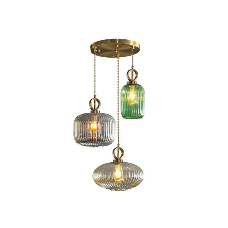 Modern Geometric Multi-Light Pendant With Ribbed Glass Panels - Brass Finish 3-Bulb Suspension