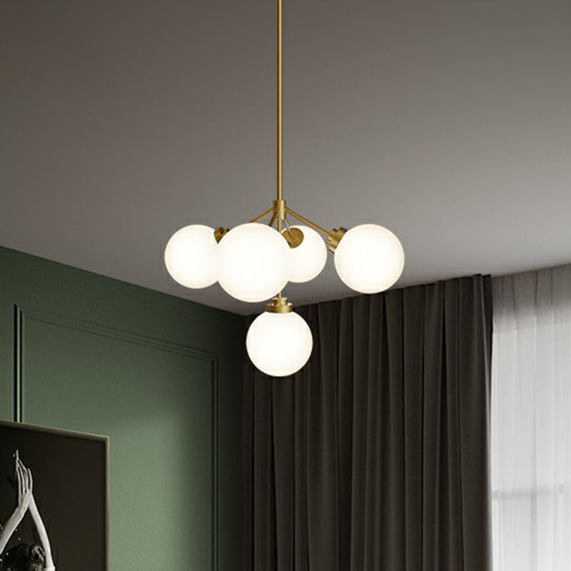 Minimalist Gold Opal Glass 5-Bulb Chandelier - Ball Dining Room Hanging Lamp
