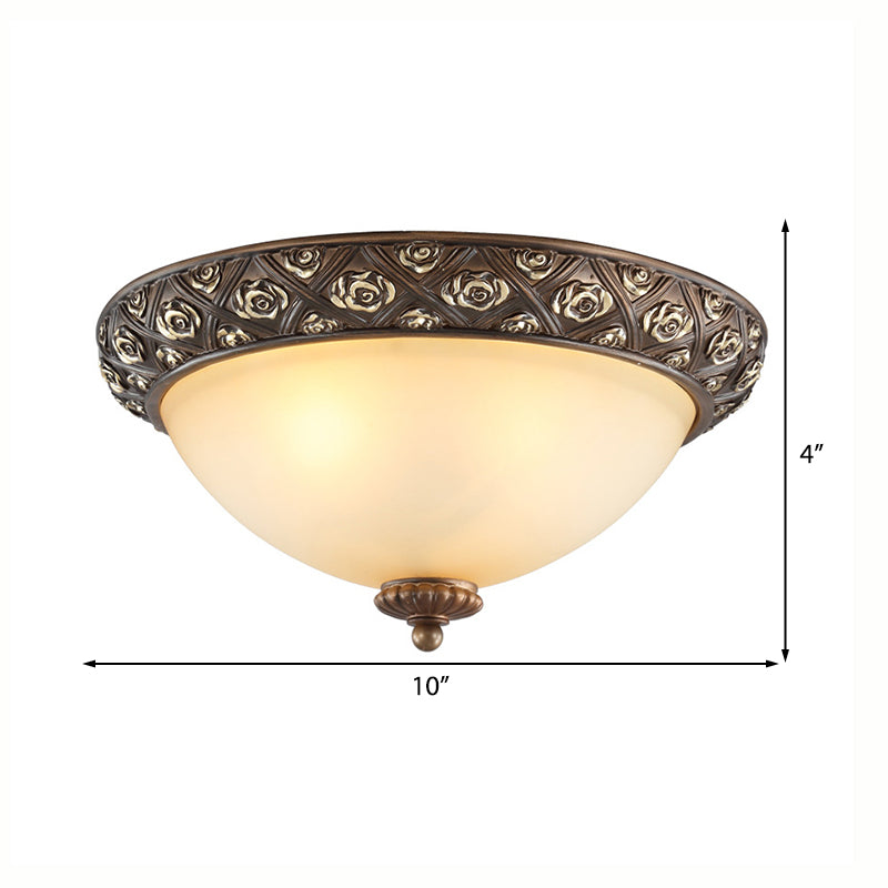 Traditional Brown Flush Light Fixture with Frosted Glass Bowl - 3 Lights - Bedroom Ceiling Mount - 10"/14.5"/18.5" Wide