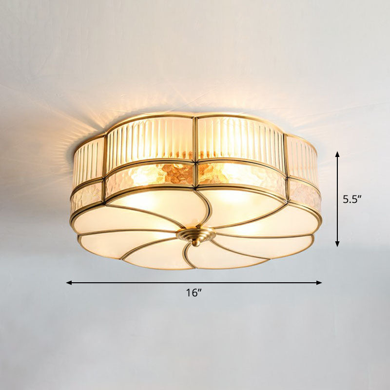 Minimalist Flower Shaped Glass Ceiling Light Fixture - Ribbed Glass with Brass Accents, Flush Mount