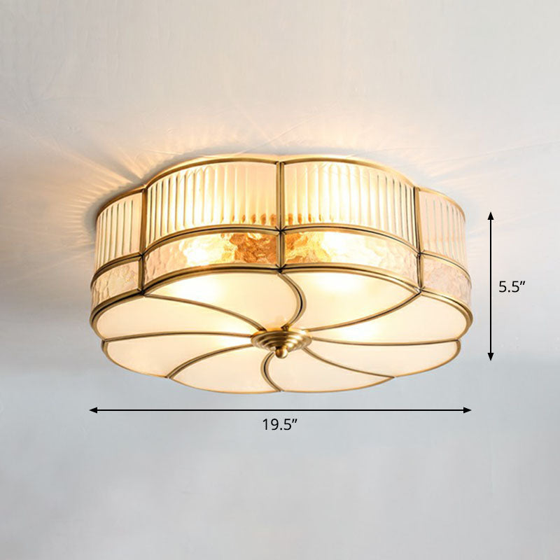 Minimalist Flower Shaped Glass Ceiling Light Fixture - Ribbed Glass with Brass Accents, Flush Mount
