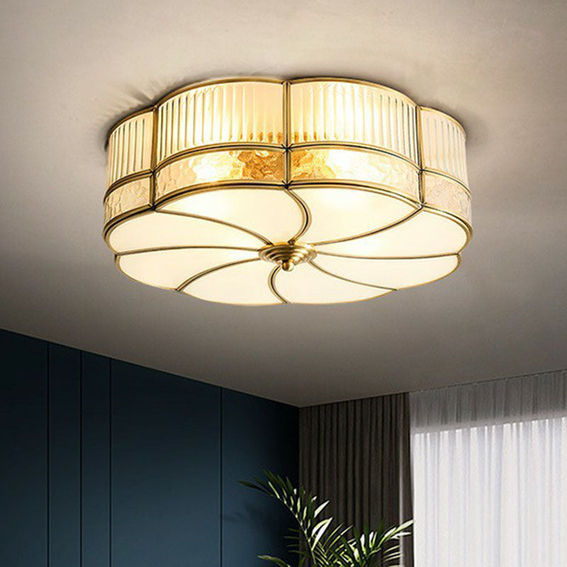 Minimalist Flower Shaped Glass Ceiling Light Fixture - Ribbed Glass with Brass Accents, Flush Mount