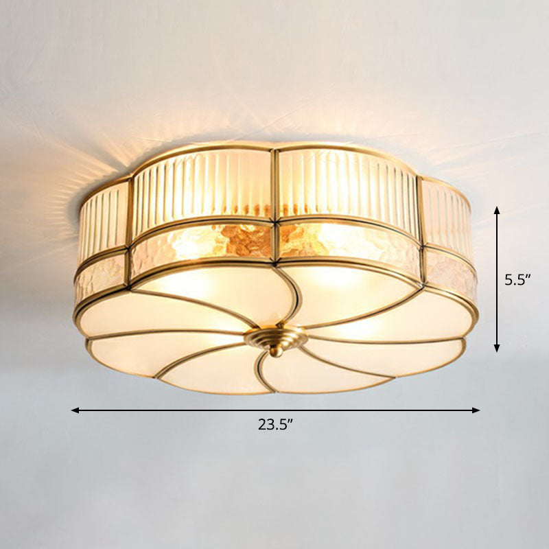 Minimalist Flower Shaped Glass Ceiling Light Fixture - Ribbed Glass with Brass Accents, Flush Mount