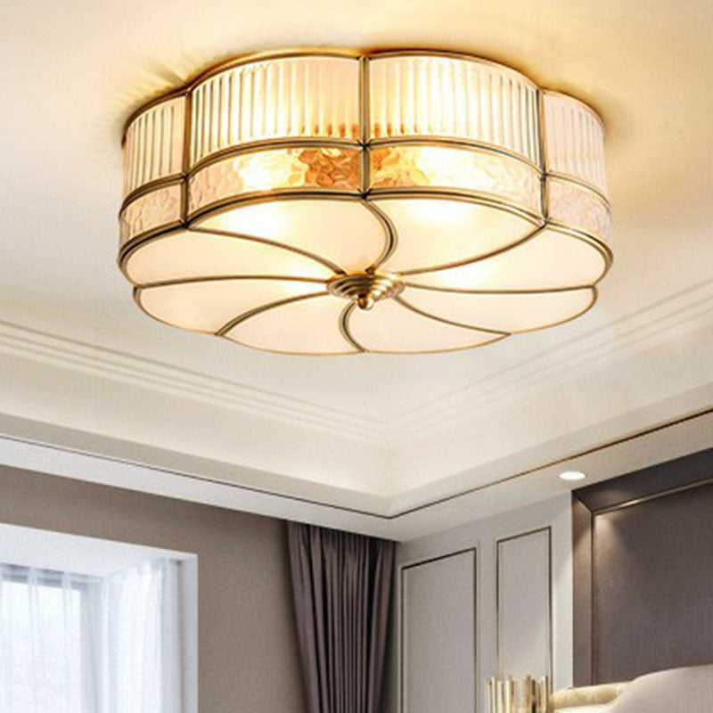 Minimalist Flower Shaped Glass Ceiling Light Fixture - Ribbed Glass with Brass Accents, Flush Mount