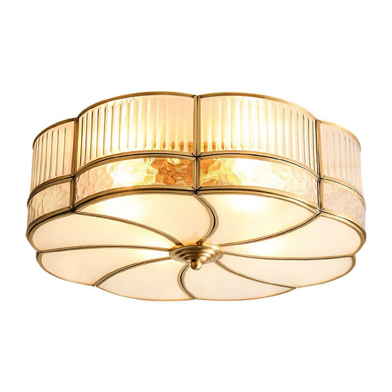 Minimalist Flower Shaped Glass Ceiling Light Fixture - Ribbed Glass with Brass Accents, Flush Mount