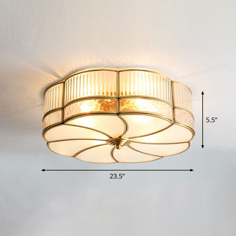 Minimalist Flower Shaped Glass Ceiling Light Fixture - Ribbed Glass with Brass Accents, Flush Mount