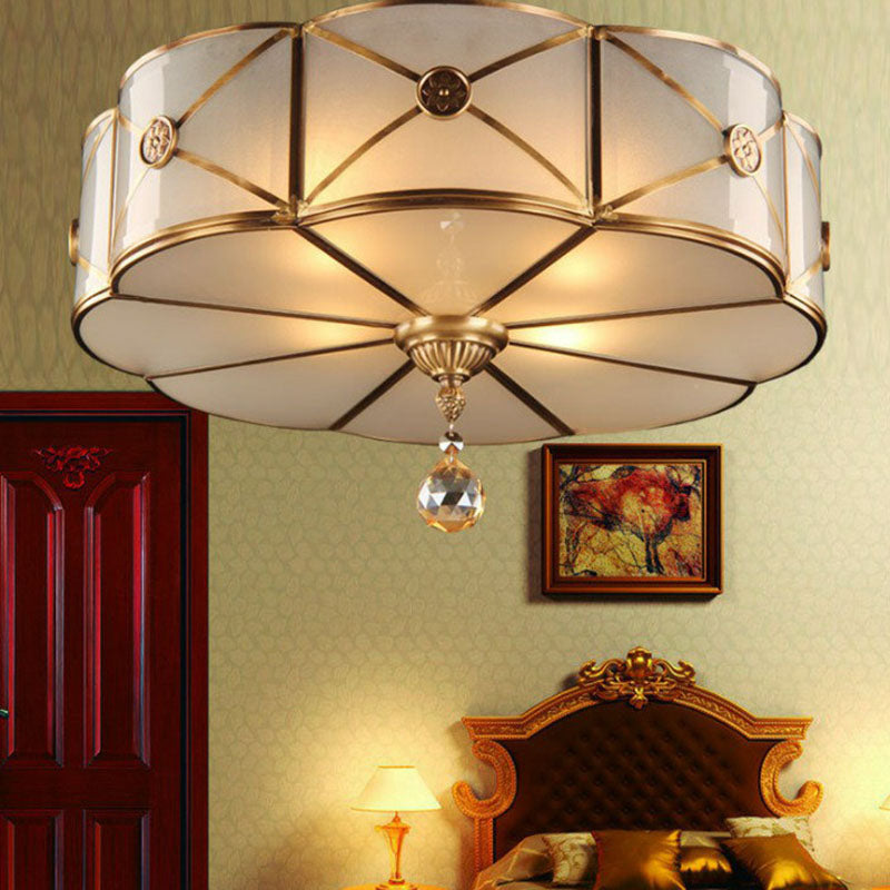 Frosted White Glass Flushmount Flower Ceiling Lamp with X-Brace in Brass - Colonial Style
