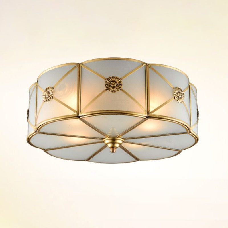 Frosted White Glass Flushmount Flower Ceiling Lamp with X-Brace in Brass - Colonial Style