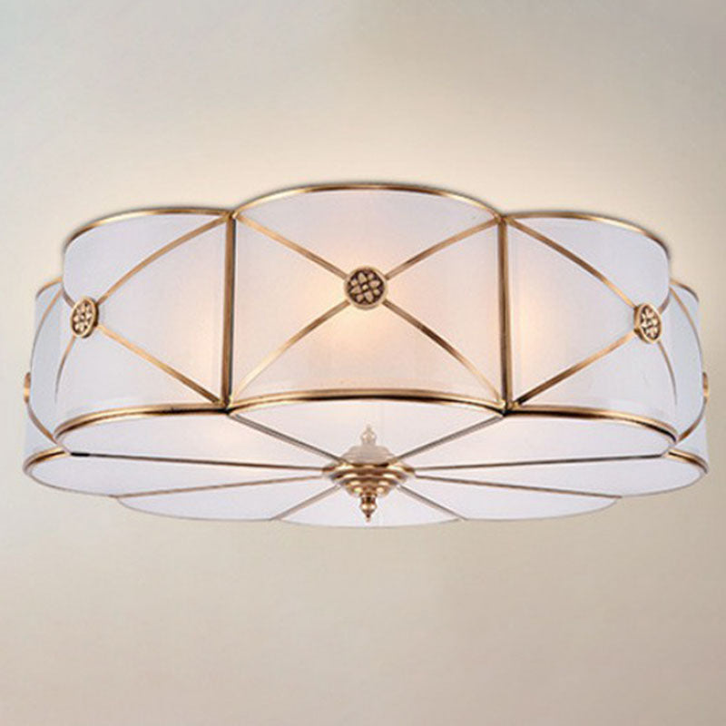 Frosted White Glass Flushmount Flower Ceiling Lamp with X-Brace in Brass - Colonial Style