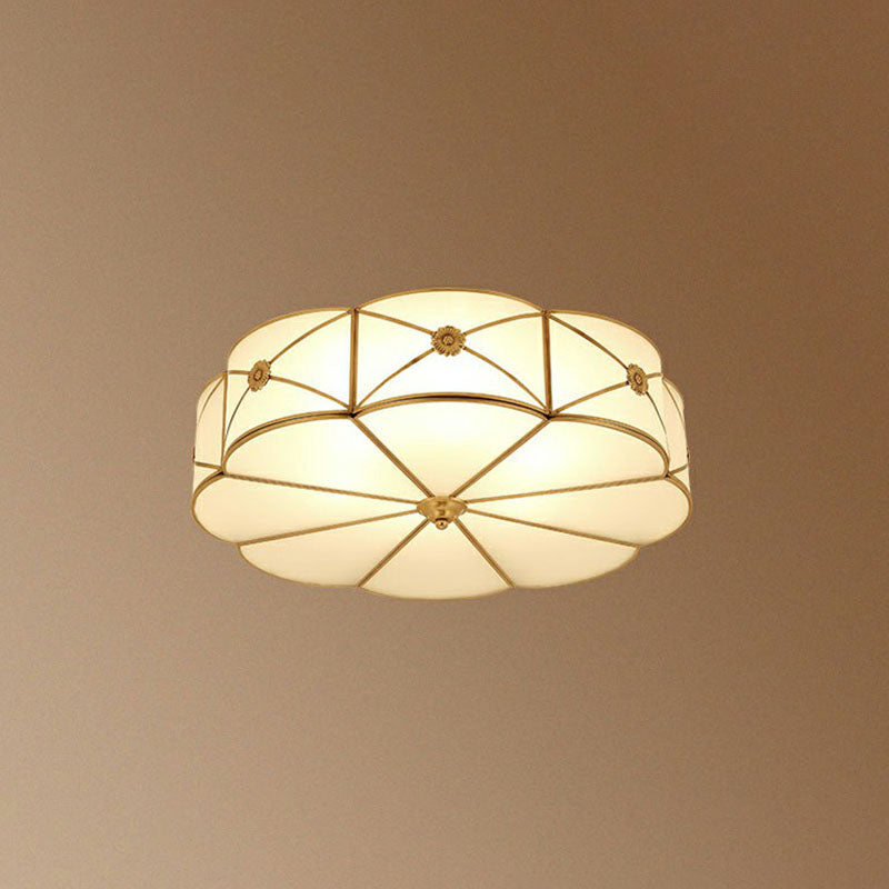 Colonial Chic Floral Bedroom Ceiling Mount Light - White Glass with Brass Finish