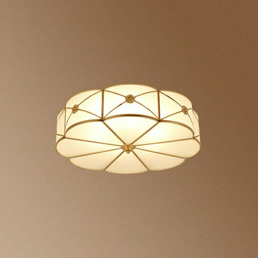 Colonial Chic Floral Bedroom Ceiling Mount Light - White Glass with Brass Finish