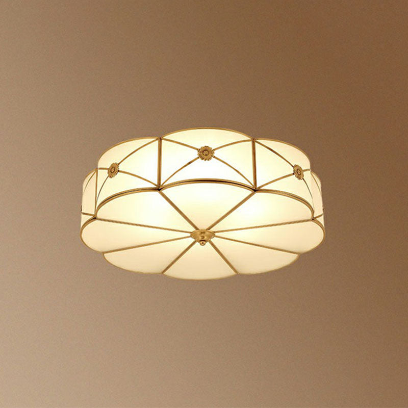 Colonial Chic Floral Bedroom Ceiling Mount Light - White Glass with Brass Finish