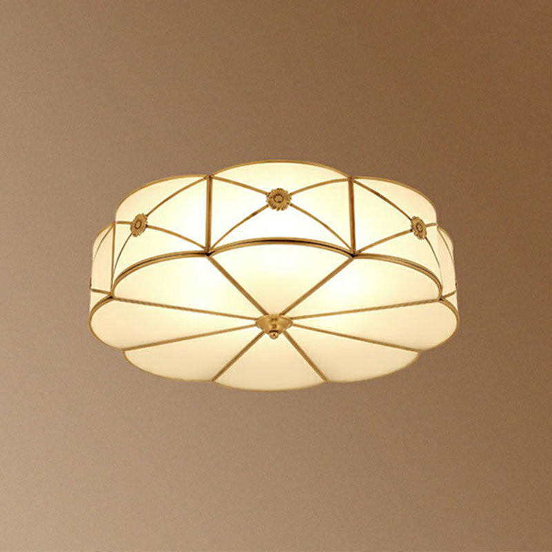 Colonial Chic Floral Bedroom Ceiling Mount Light - White Glass with Brass Finish