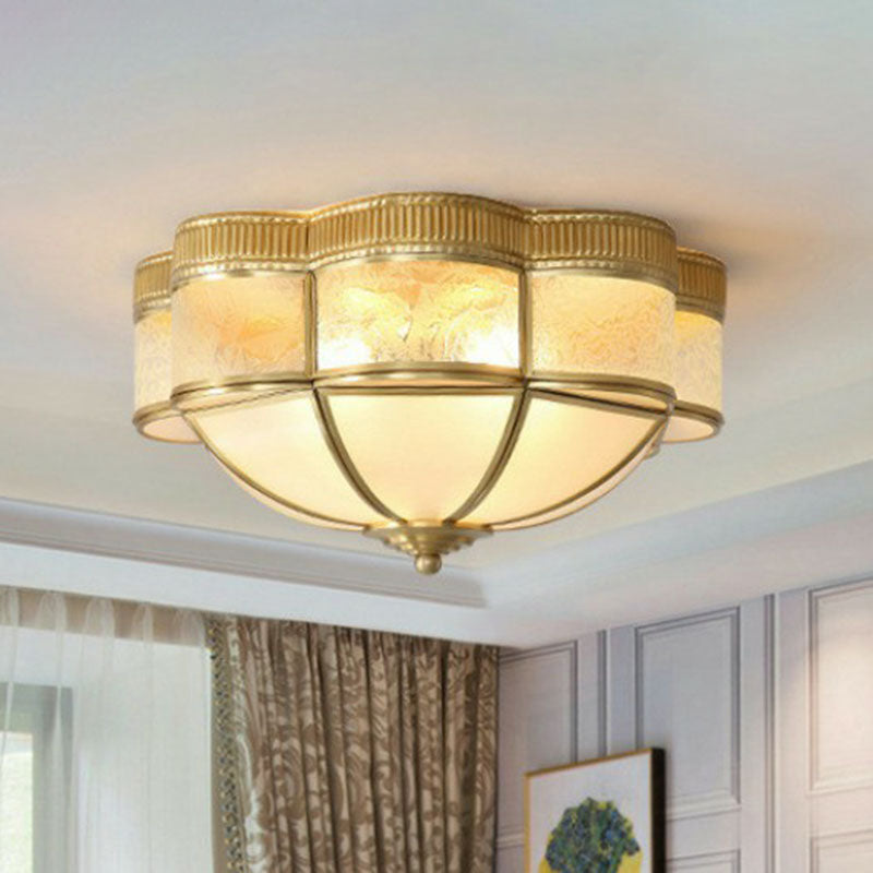Traditional Brass Flushmount Lighting with Frost Glass and Scalloped Edge