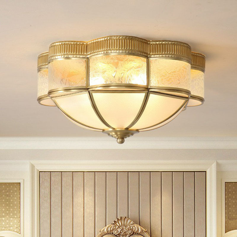 Traditional Brass Flushmount Lighting with Frost Glass and Scalloped Edge
