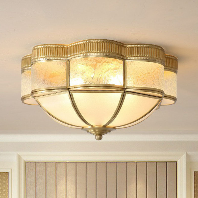 Traditional Brass Flushmount Lighting with Frost Glass and Scalloped Edge