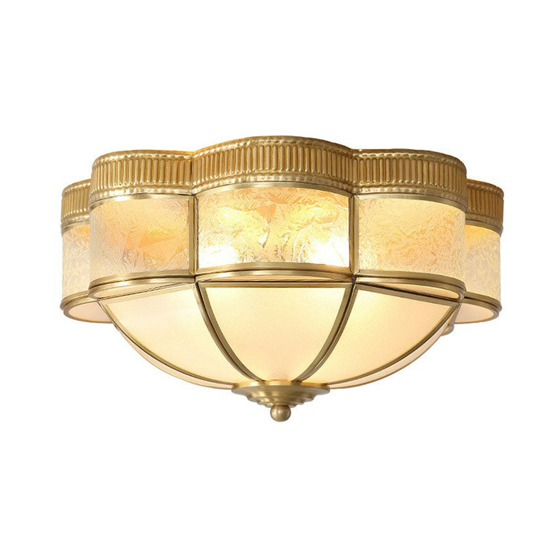 Traditional Brass Flushmount Lighting with Frost Glass and Scalloped Edge