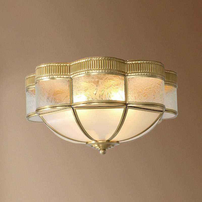 Traditional Brass Flushmount Lighting with Frost Glass and Scalloped Edge