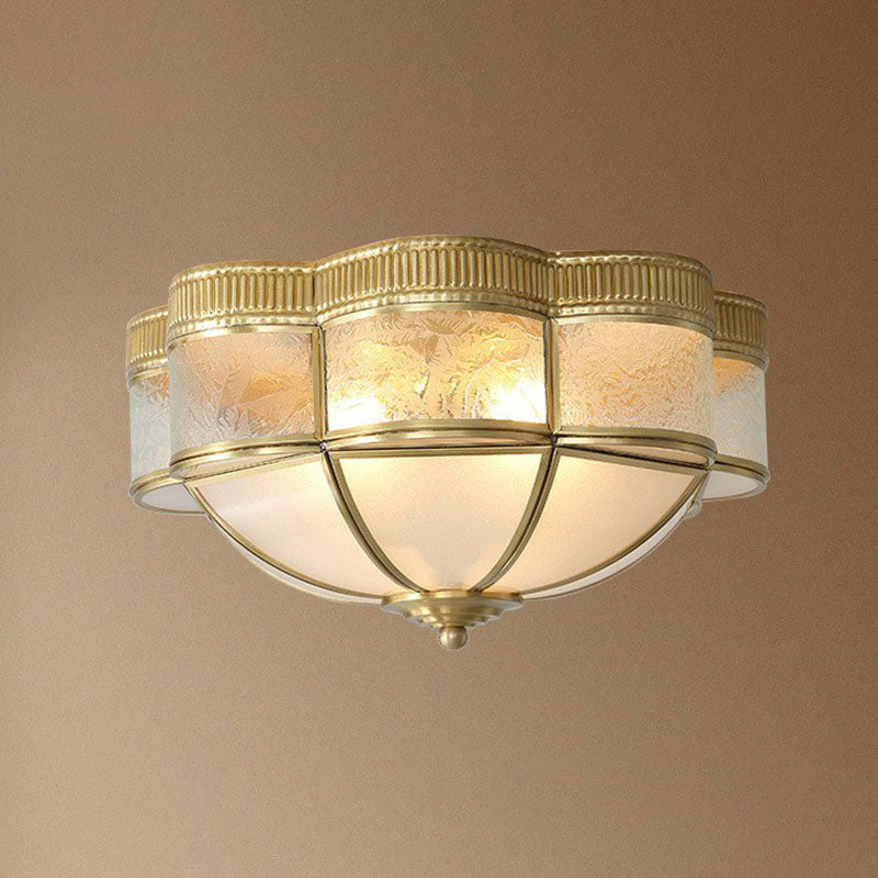 Traditional Brass Flushmount Lighting with Frost Glass and Scalloped Edge