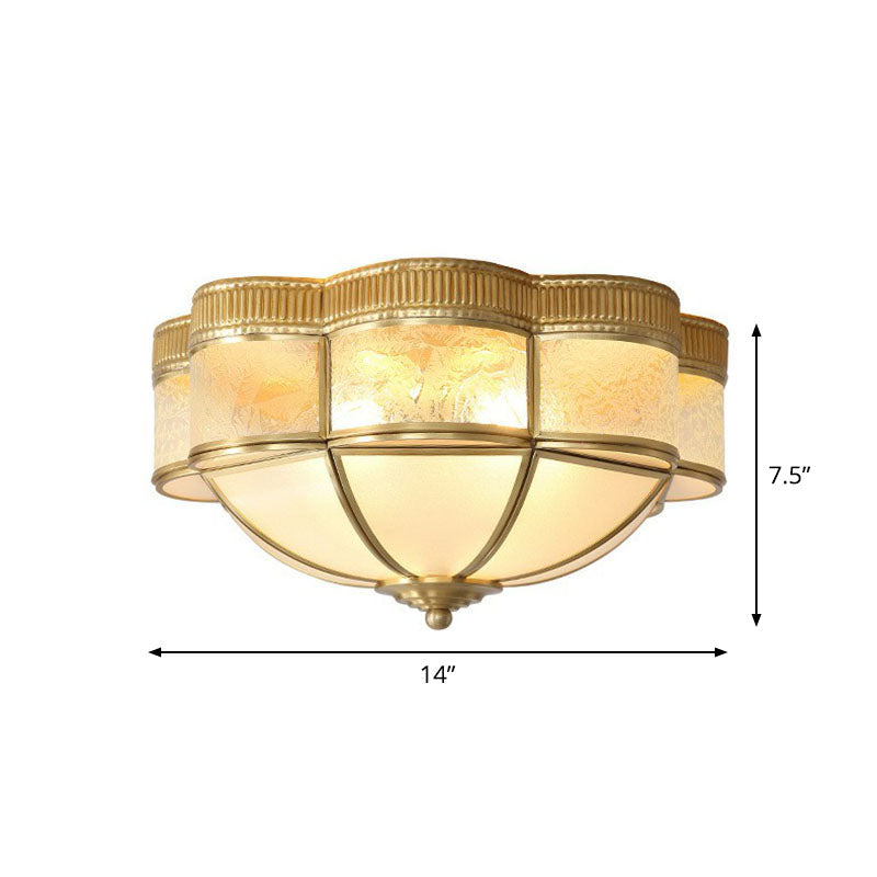 Traditional Brass Flushmount Lighting with Frost Glass and Scalloped Edge