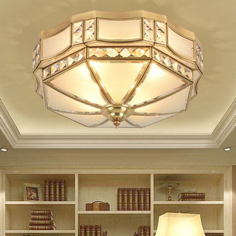 Octagonal Flush Mount Ceiling Light with Crystal Accent - Classic Brass Finish