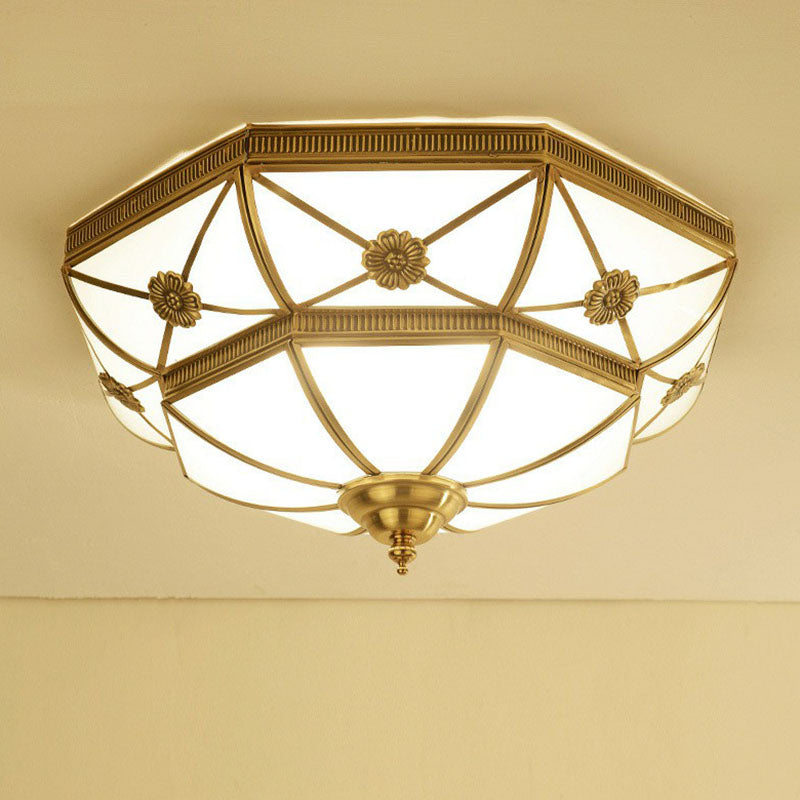 Traditional Frosted Glass Bedroom Flushmount Ceiling Lamp with Brass Basket Design