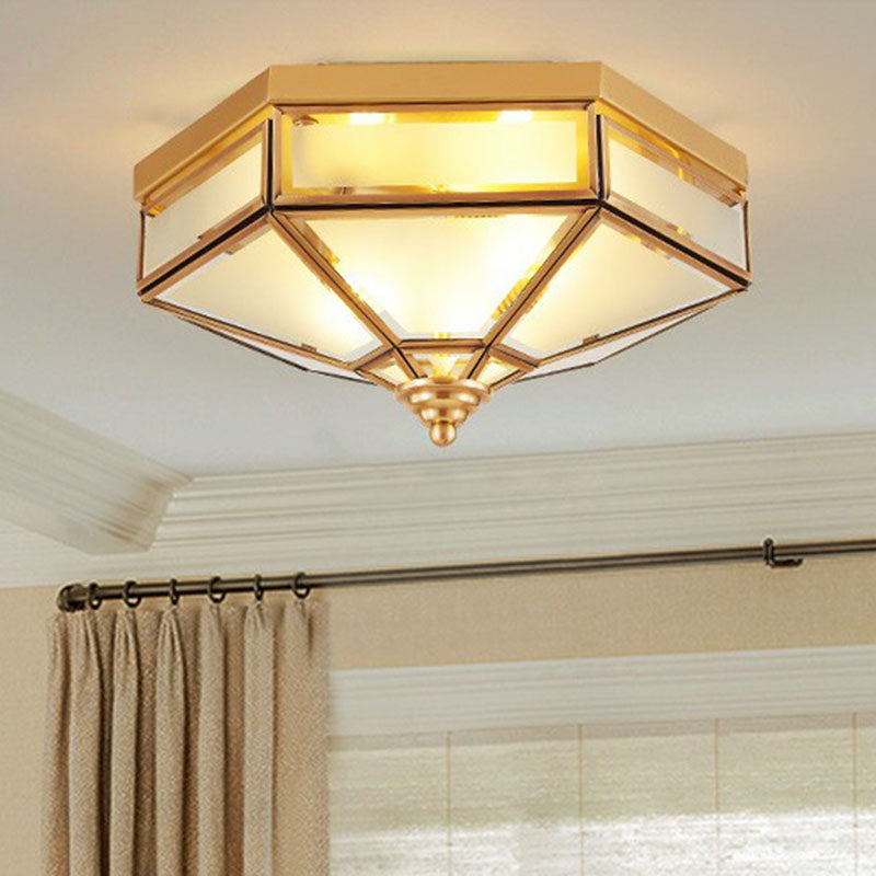 Frosted Glass Brass Hexagonal Ceiling Flush Light - Traditional Flush Mount Lighting