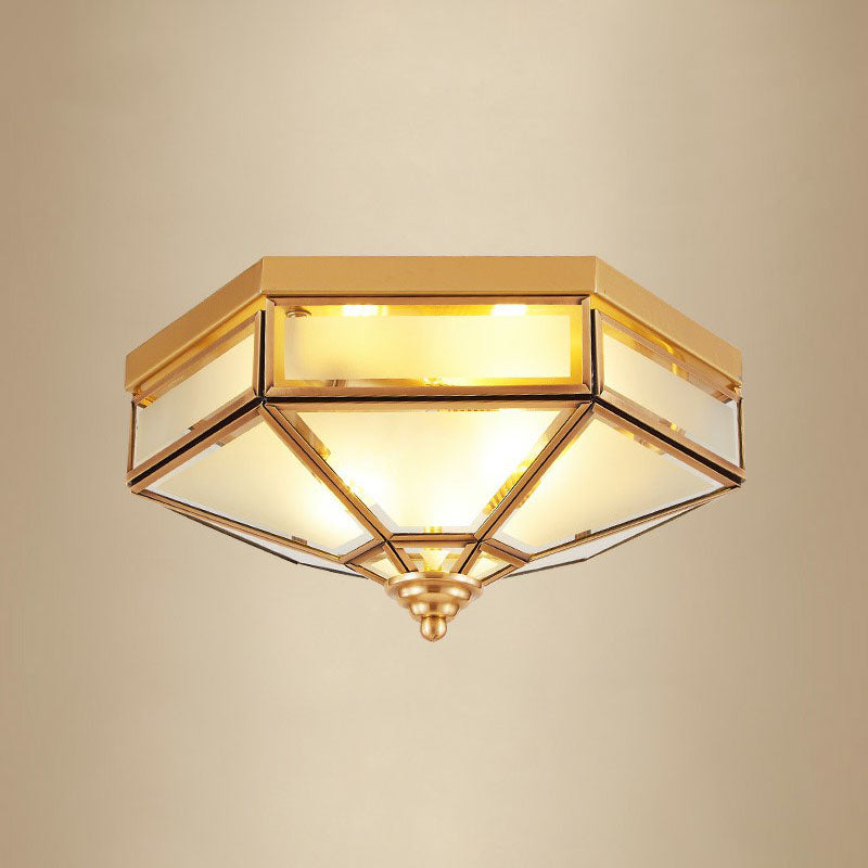 Frosted Glass Brass Hexagonal Ceiling Flush Light - Traditional Flush Mount Lighting