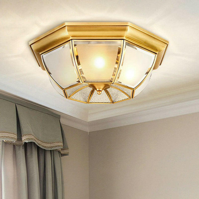 Colonial Style Ceiling Mounted Lamp with Brass Finish and Frost Glass Recessed Shade