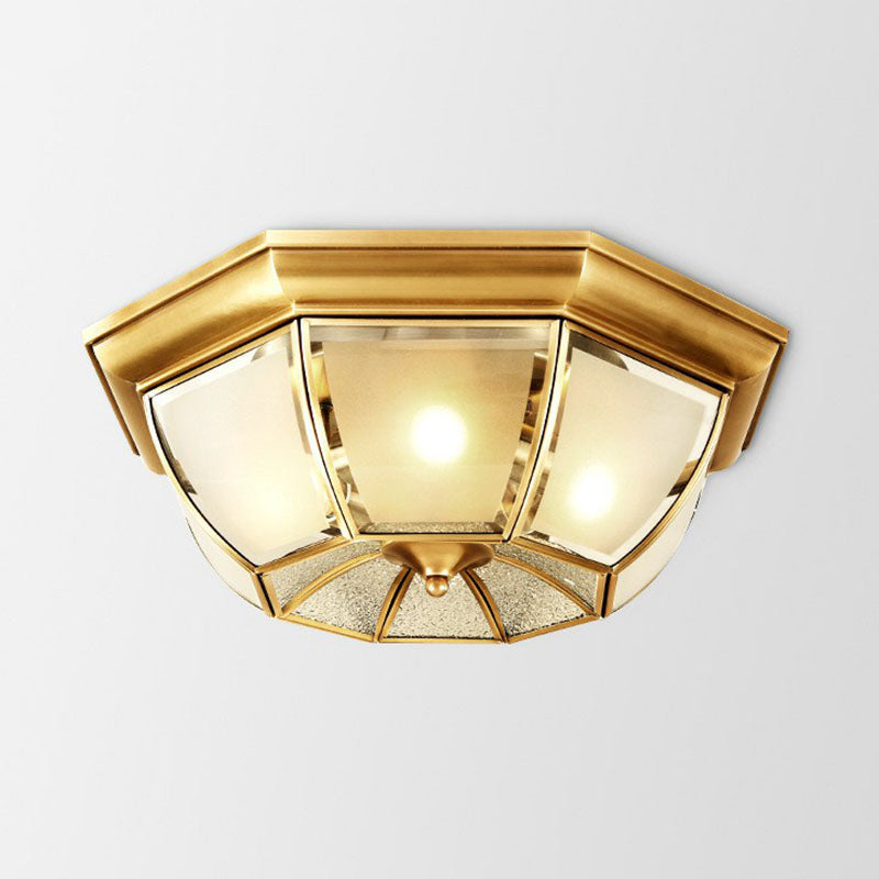 Colonial Style Ceiling Mounted Lamp with Brass Finish and Frost Glass Recessed Shade
