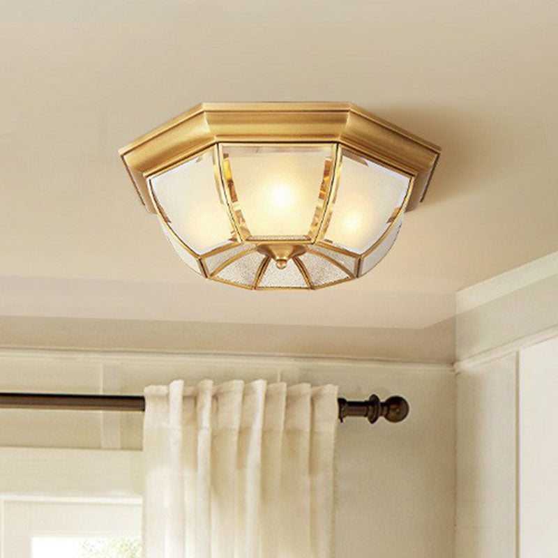 Colonial Style Ceiling Mounted Lamp with Brass Finish and Frost Glass Recessed Shade