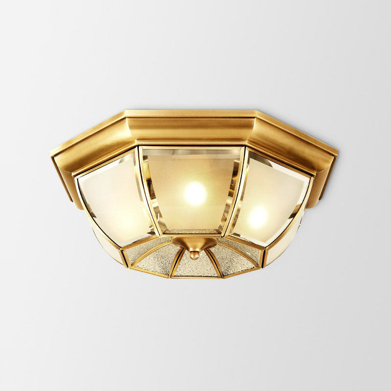 Colonial Style Ceiling Mounted Lamp with Brass Finish and Frost Glass Recessed Shade