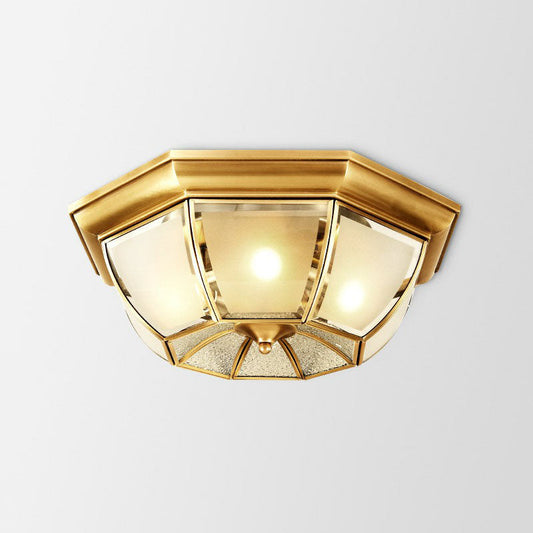 Colonial Style Ceiling Mounted Lamp with Brass Finish and Frost Glass Recessed Shade