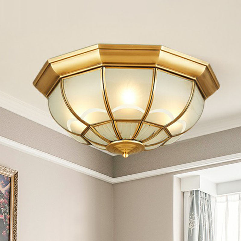 Brass Flush Mount Lamp with Frost Glass Dome – Classic Bedroom Ceiling Lighting Fixture