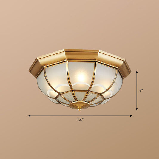 Brass Flush Mount Lamp with Frost Glass Dome – Classic Bedroom Ceiling Lighting Fixture