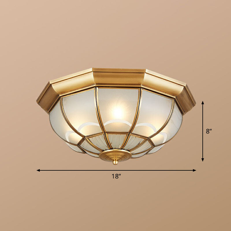 Brass Flush Mount Lamp with Frost Glass Dome – Classic Bedroom Ceiling Lighting Fixture