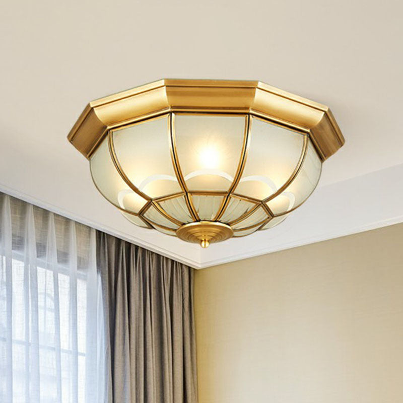 Brass Flush Mount Lamp with Frost Glass Dome – Classic Bedroom Ceiling Lighting Fixture